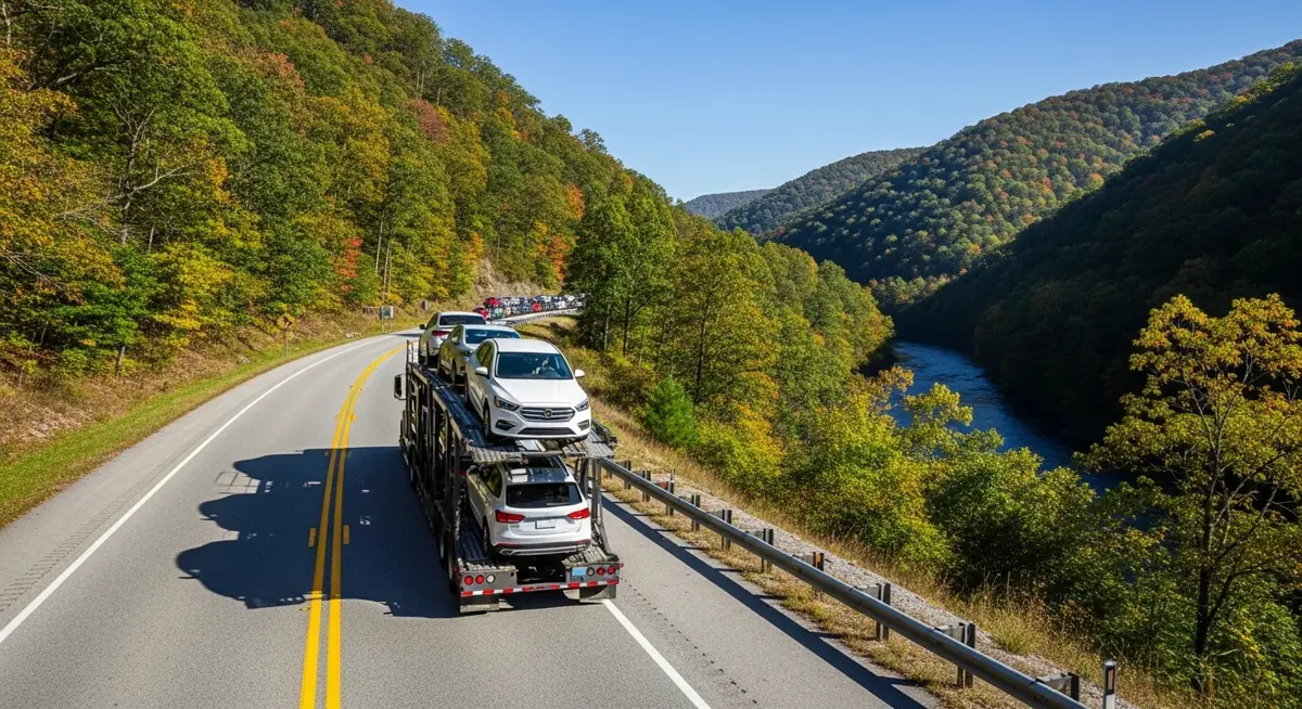 Auto transport car carrier truck driving through West Virginia landscape