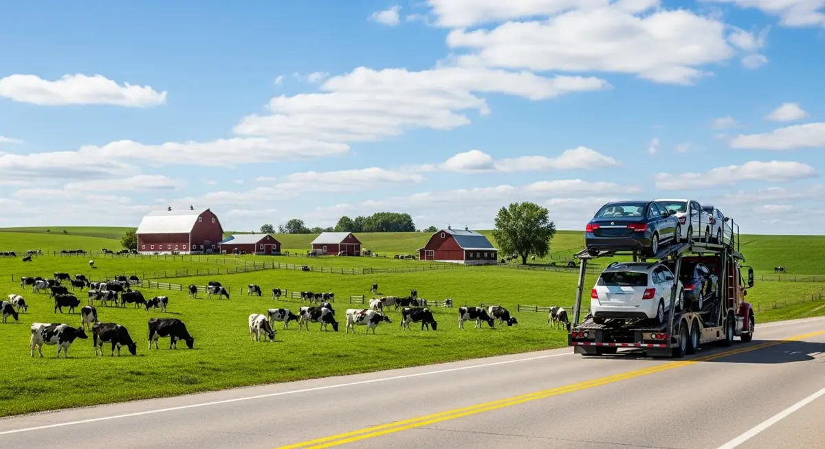 Auto transport car carrier truck driving through Wisconsin landscape