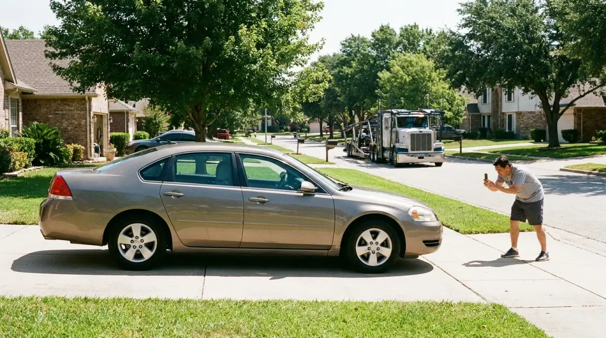 Person photographing car before shipping