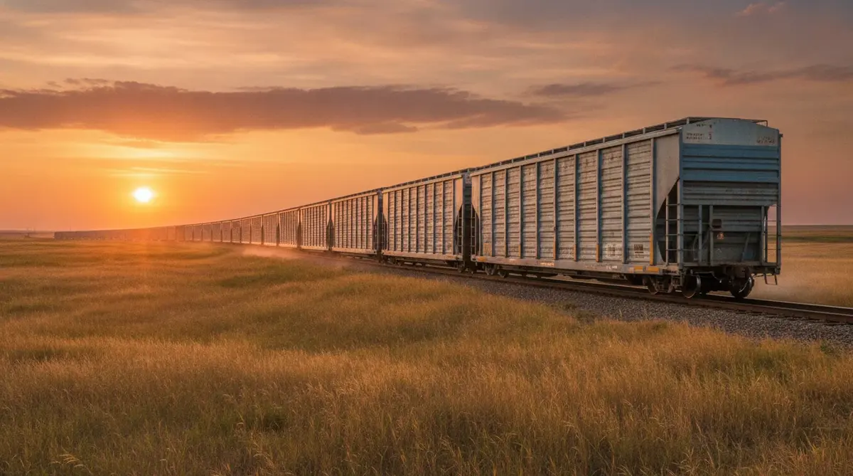 A freight train of enclosed auto-rack rail cars crossing the prairie at sunset