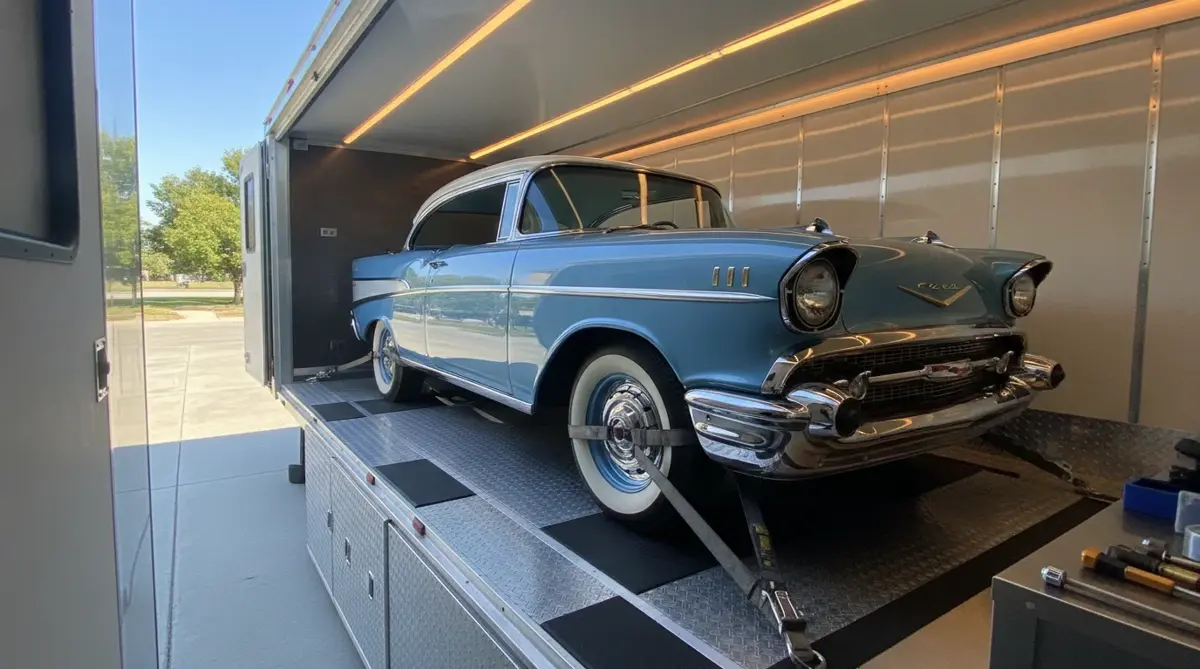 A 1950s classic car strapped down inside a clean enclosed trailer