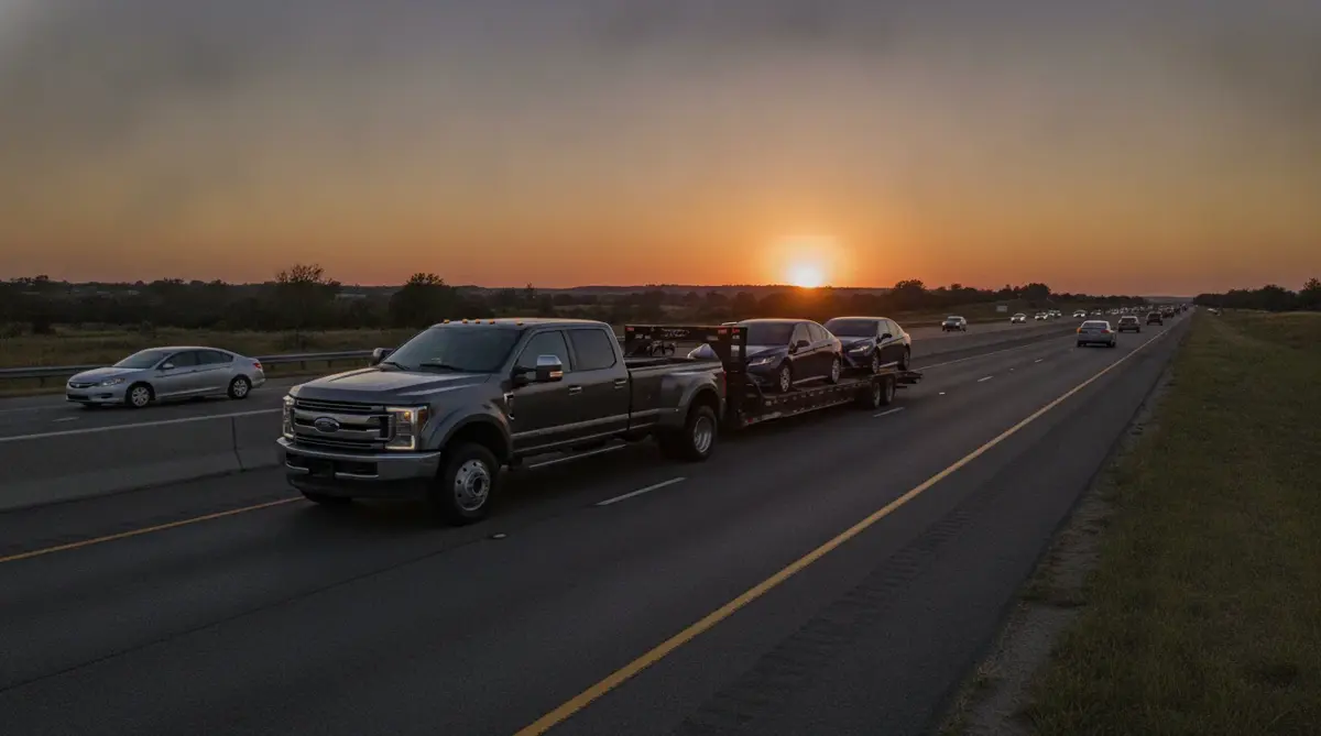 A heavy-duty pickup towing a gooseneck trailer with two cars on the highway