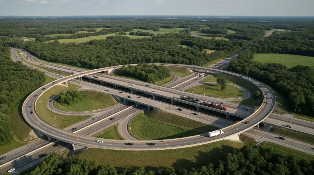 An aerial view of an interstate interchange surrounded by green countryside