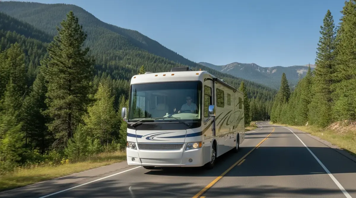 Class A motorhome on a mountain highway