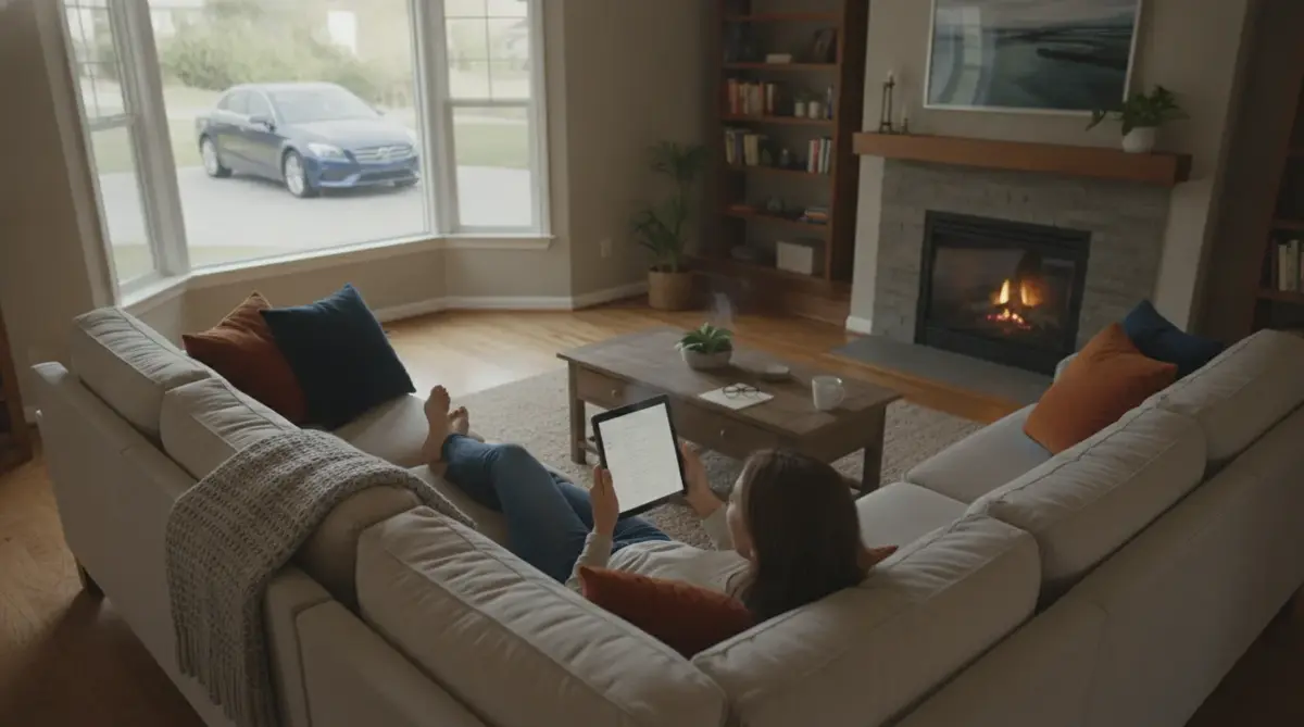 A person reading on a tablet in a living room with a car in the driveway outside