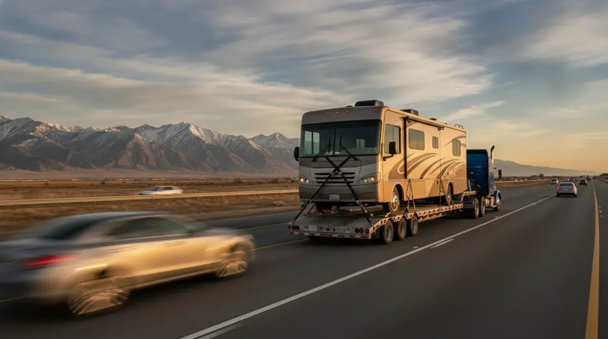 A Class C motorhome strapped to a low flatbed trailer on the interstate