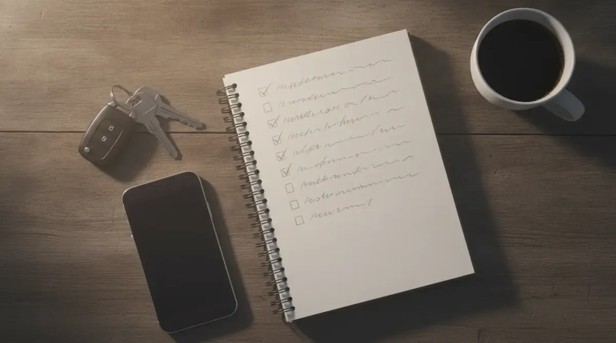 A notebook checklist with car keys, a phone and coffee on a wooden table