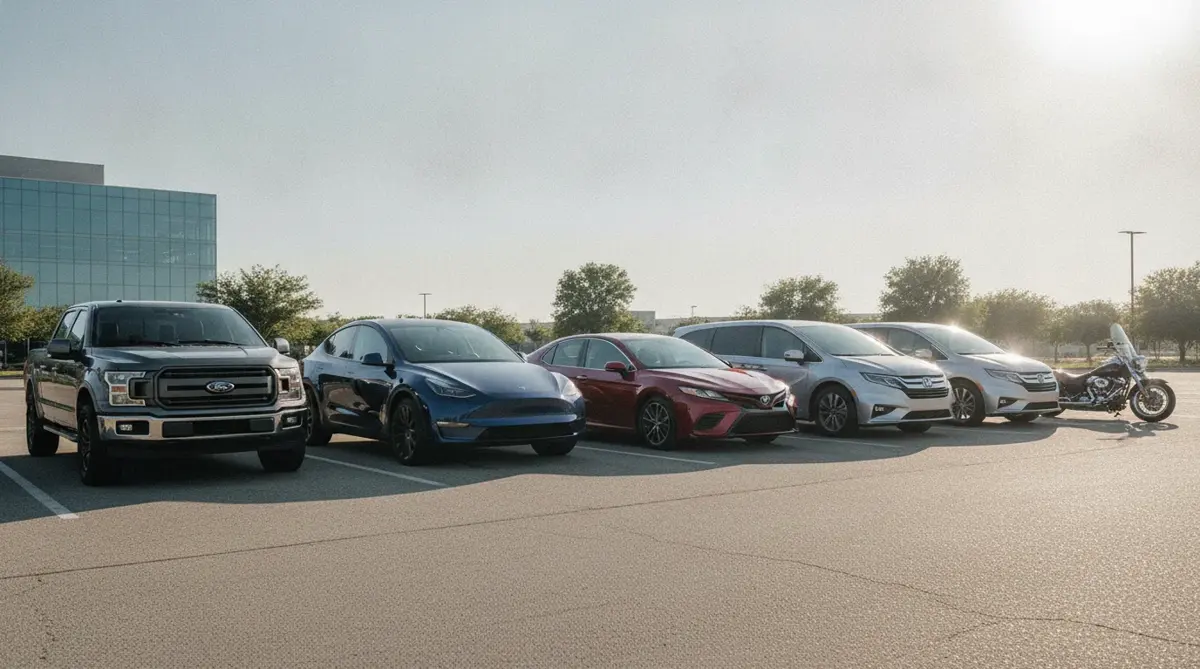A pickup, SUVs, a sedan, a minivan and a motorcycle parked side by side