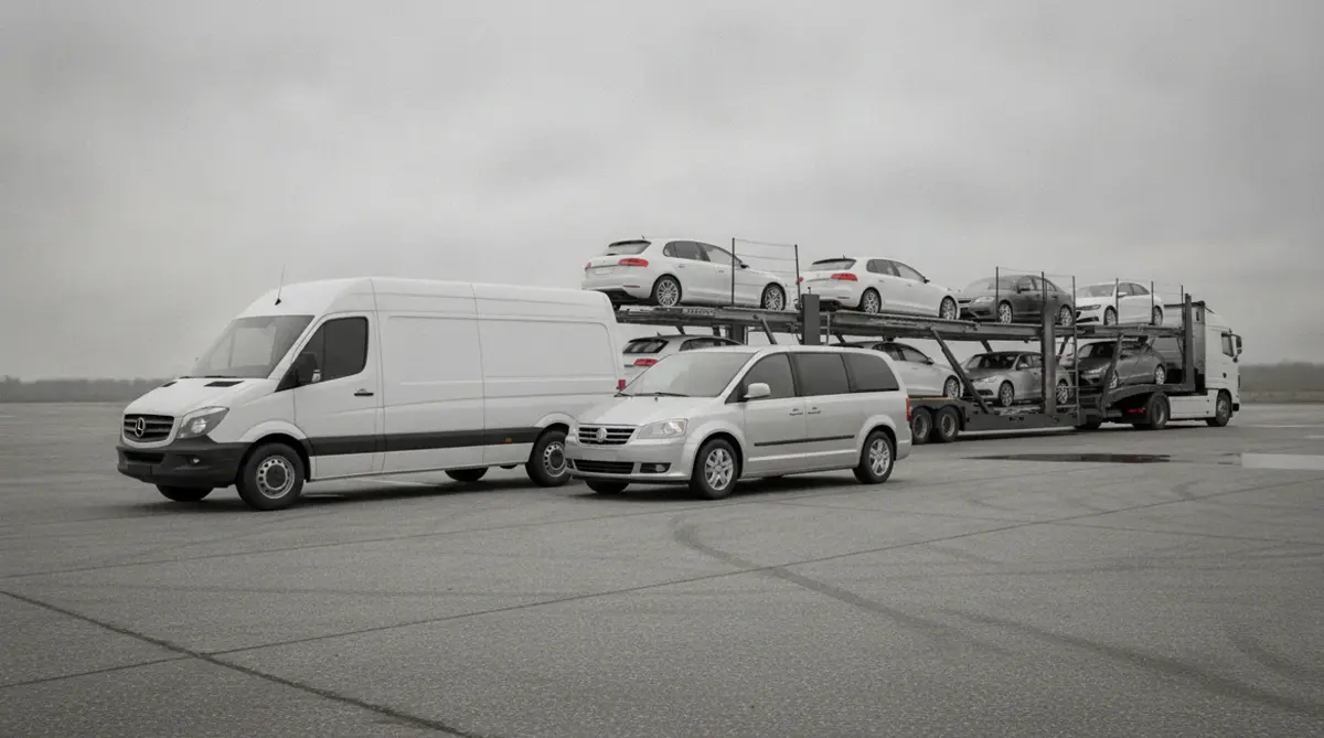 A white cargo van and a silver minivan waiting to be loaded beside an open car carrier