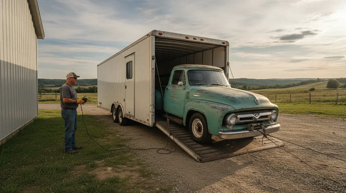 Vintage pickup on the ramp of an enclosed trailer