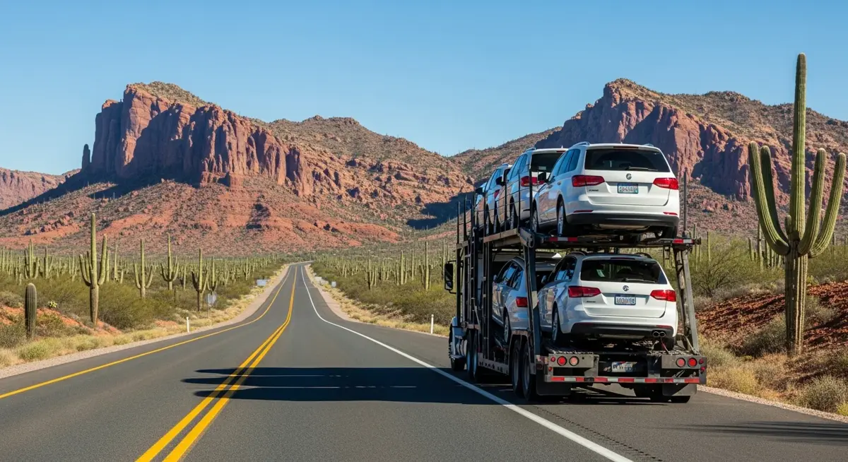 Auto transport car carrier truck driving through Arizona landscape