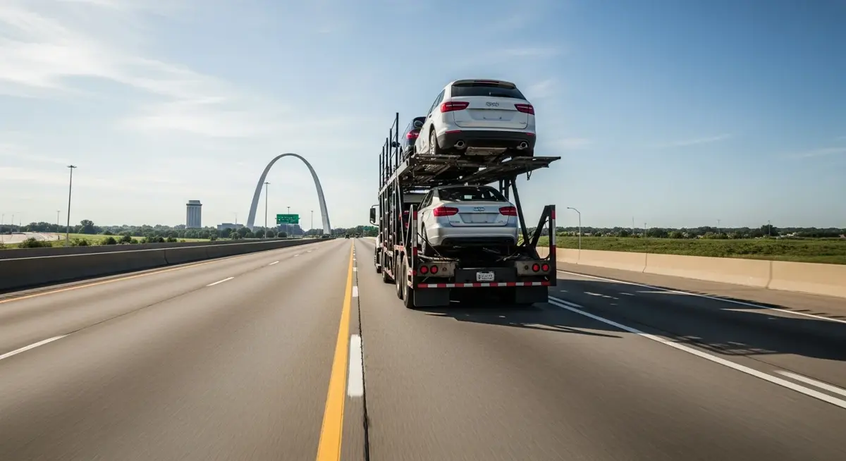 Auto transport car carrier truck driving through Missouri landscape
