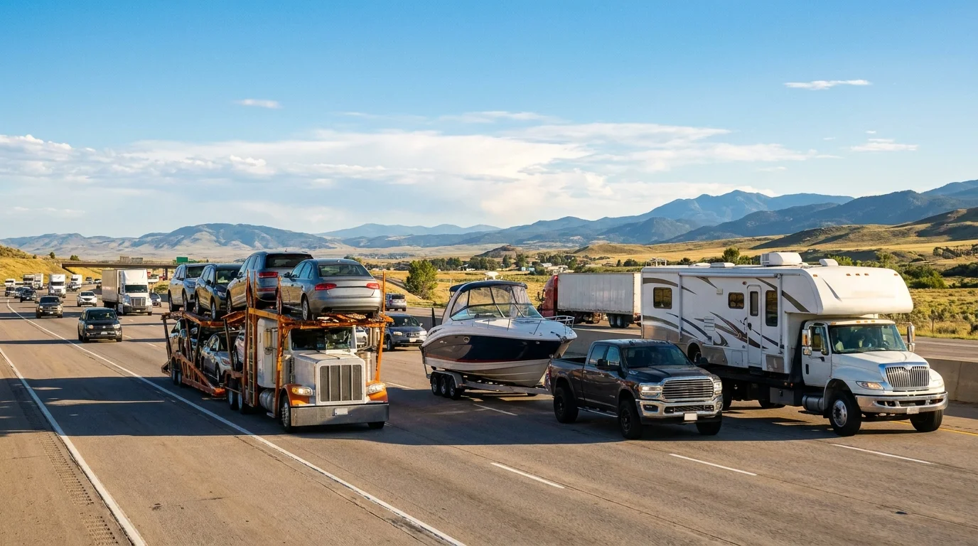 Multiple vehicles being shipped — car carrier, RV, and boat transport on American highway